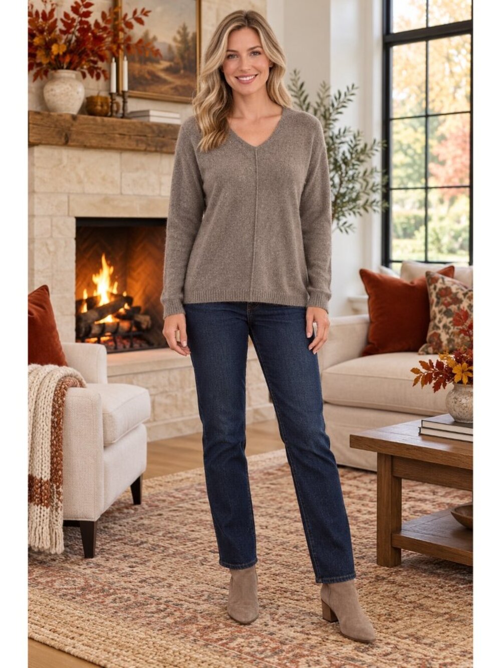 Belford 100% Cashmere V-Neck Sweater Womens Large Beige